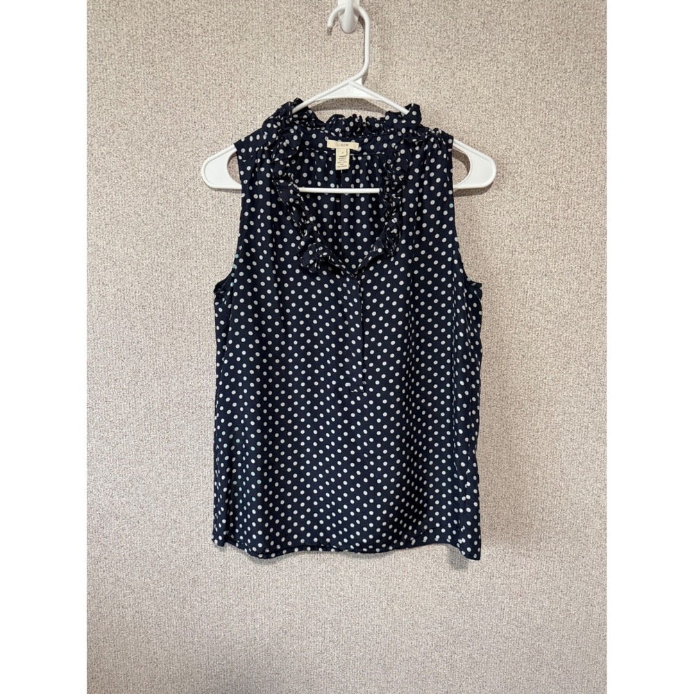 J.Crew Navy Blue White Polka Dot 100% Silk Ruffle Neck Sleeveless Blouse Size 4